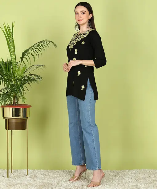 Women Chikan Embroidery, Embroidered, Self Design Cotton Rayon A-line Kurta