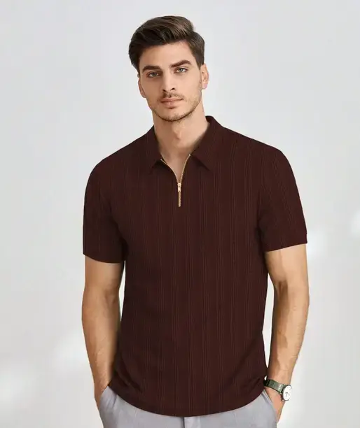 Polo Neck Polyester Brown T-Shirt