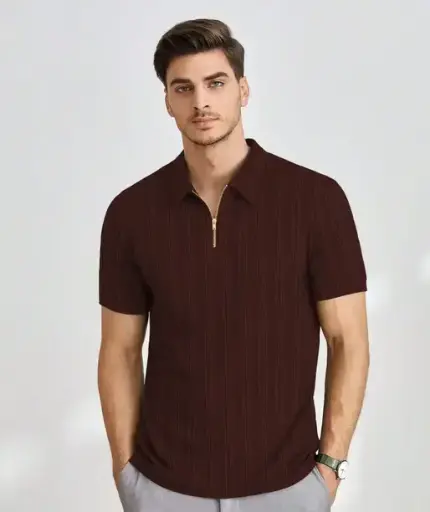 Polo Neck Polyester Brown T-Shirt