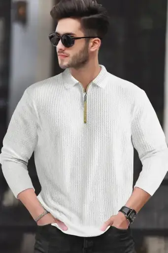 Men Solid Polo Neck Cotton Blend White T-Shirt